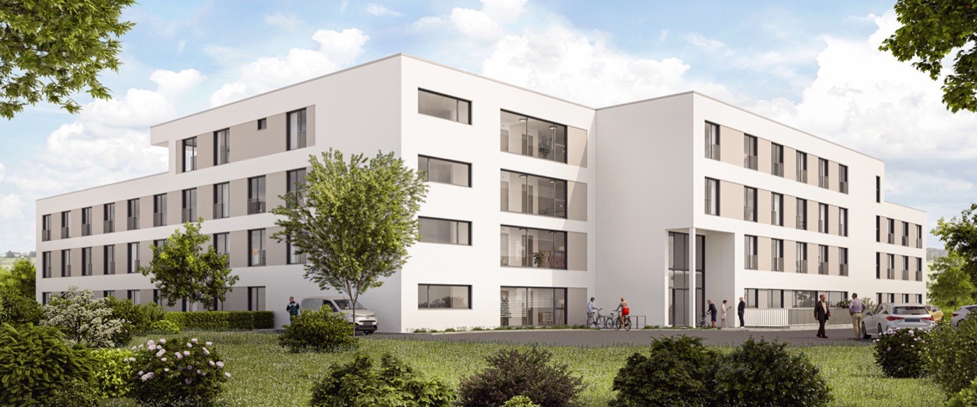 Neu gebaute Pflegeeinrichtung mit Gruenanlage